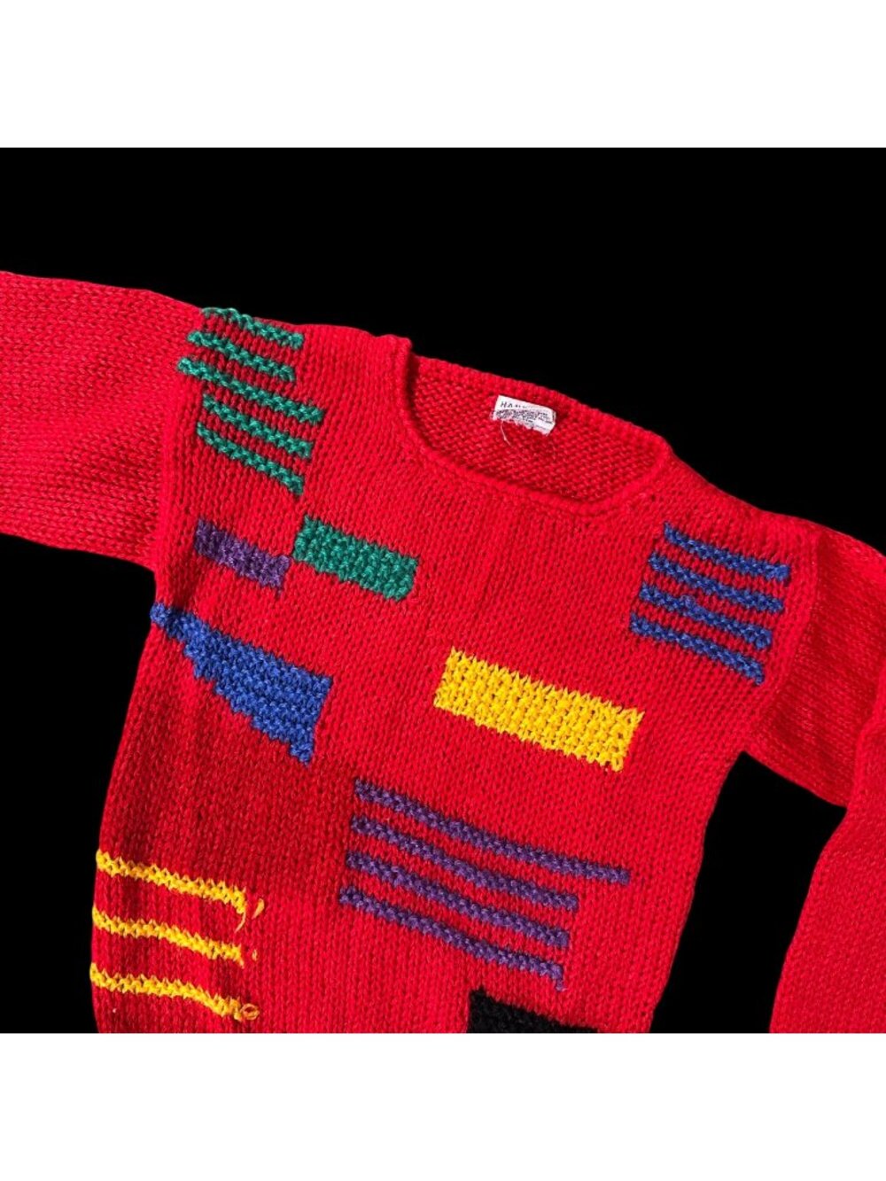Vintage Red Sweater Hand Knit Jazzy Colorful Geometric 80s Korea Pullover Retro